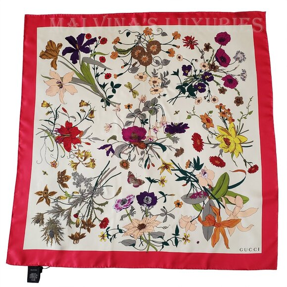 GUCCI SCARF FLORA GOTHIC PRINT IVORY SILK RASPBERRY BORDER SQUARE 35" - Picture 2 of 15